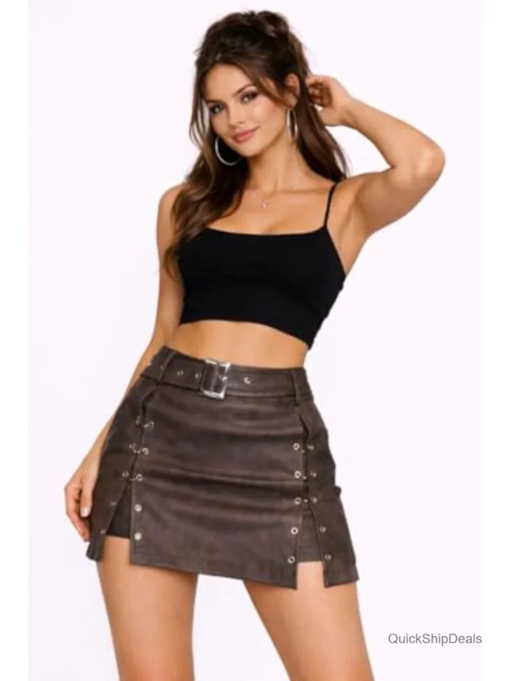 Faux Suede Bodycon Mini Skirt with Buckle Straps